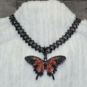 Women's Necklace One Size Black Orange Butterfly Pendant 18 inches